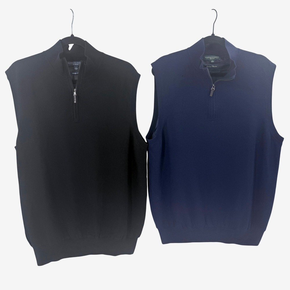 Fairway & Greene Merino Wool Quarter Zip Sweater Vest Lot of 2 Black Navy Mens L